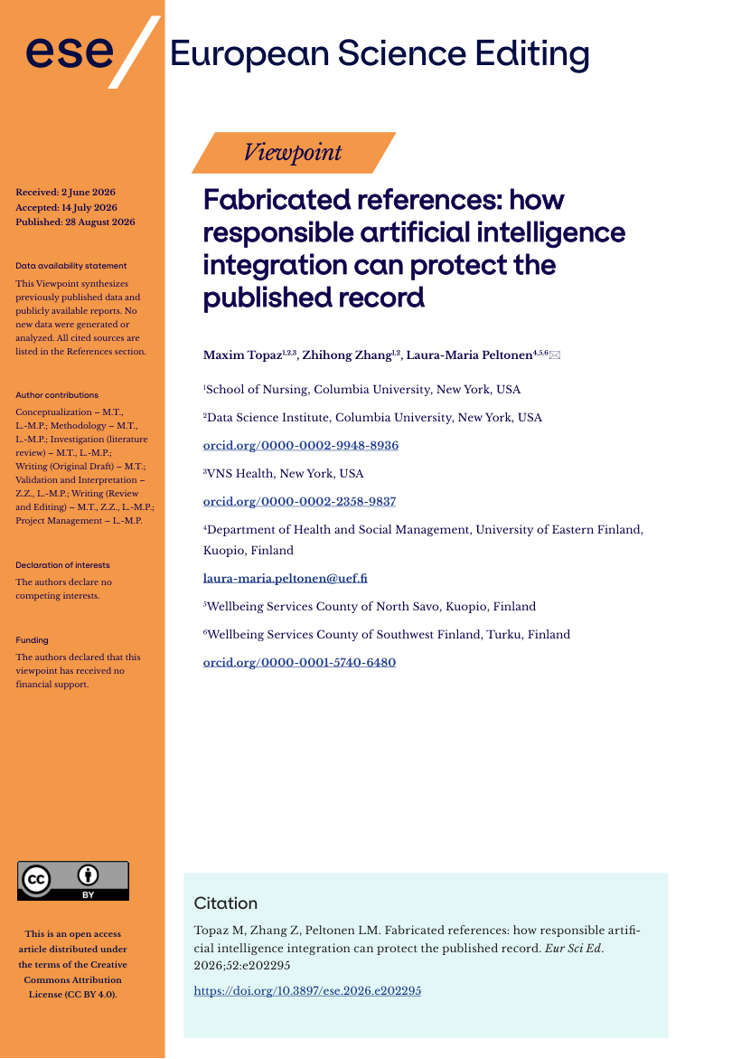 First page of the published European Science Editing viewpoint.