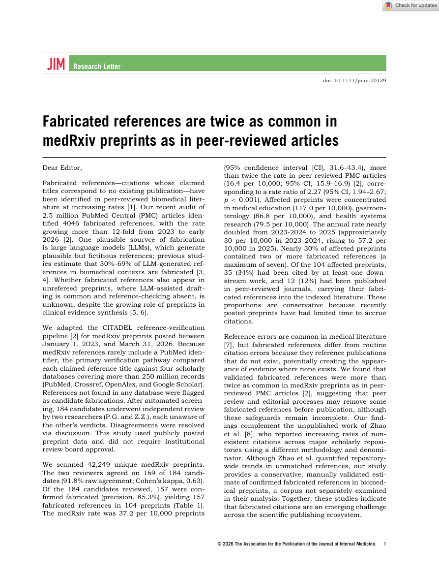 First page of Fabricated references are twice as common in medRxiv preprints as in peer-reviewed articles