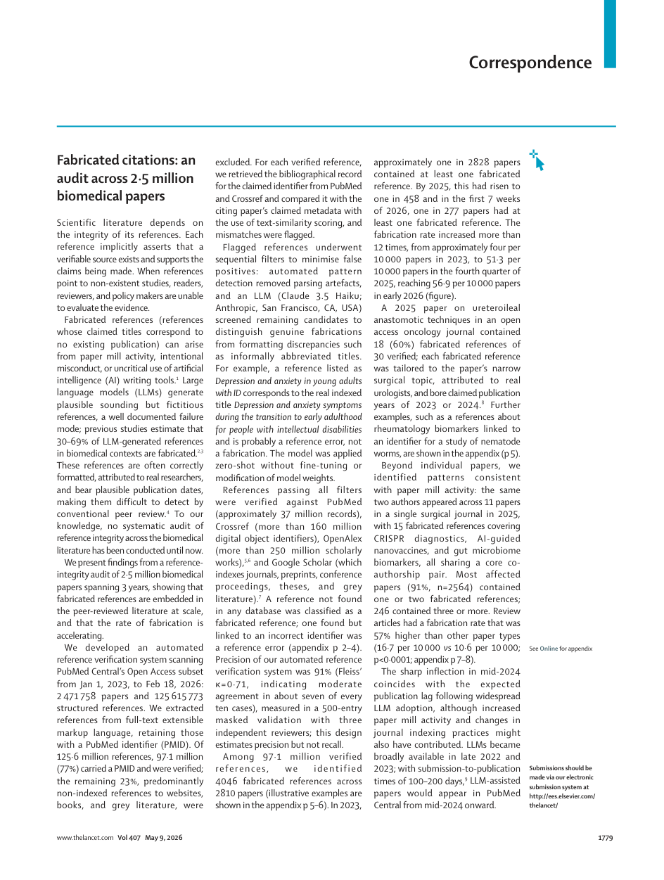 First page of the original Lancet paper, Fabricated citations: an audit across 2.5 million biomedical papers.