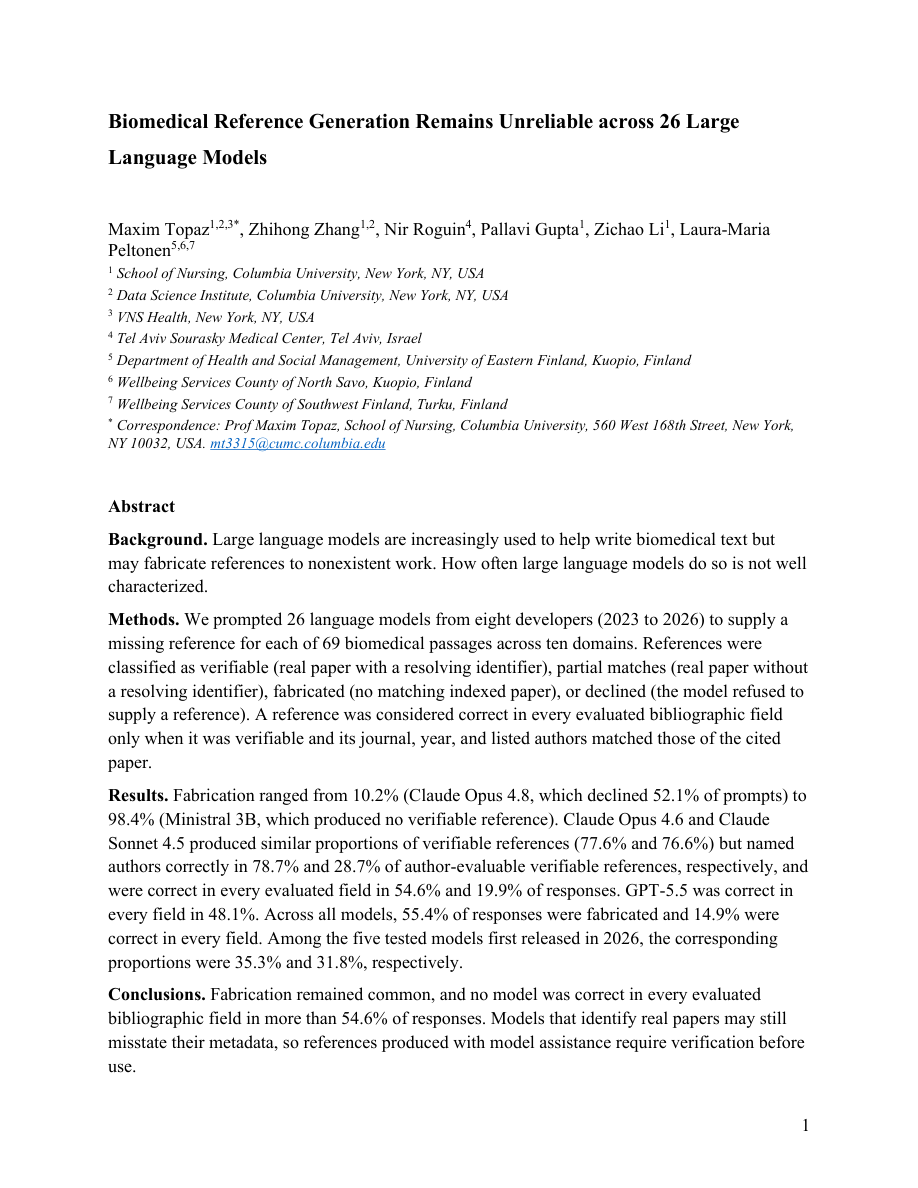 First page of Biomedical reference generation remains unreliable across 26 large language models